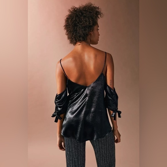 UO Silence + Noise Blue Shiny Cold Shoulder Tie Top - Picture 13 of 14